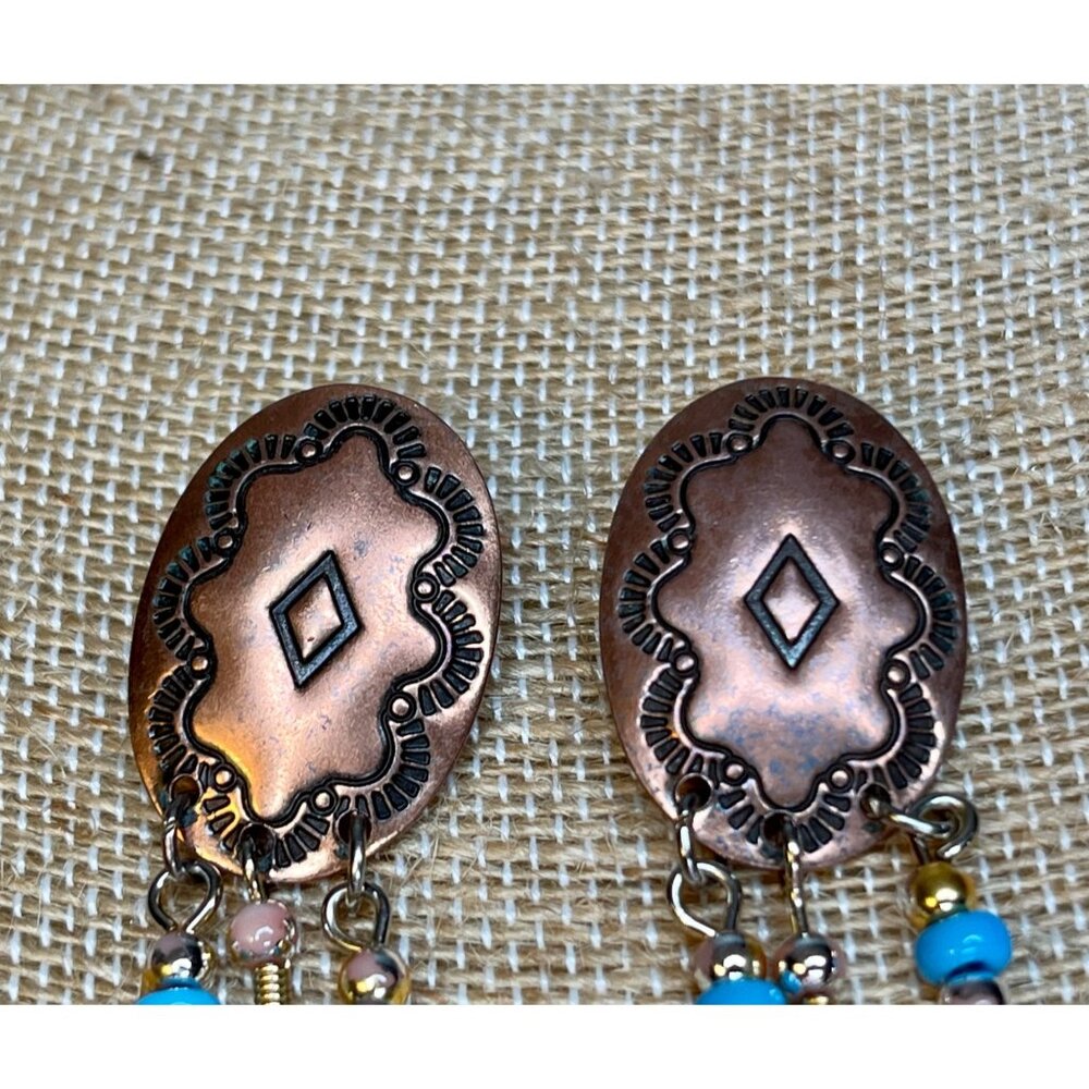 Vintage Copper & Turquoise Beaded Dangle Earrings With Geometric Design & Tribal - Picture 3 of 11